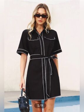 Commense Oversized Contrast Stitch Belted Shirt Dress